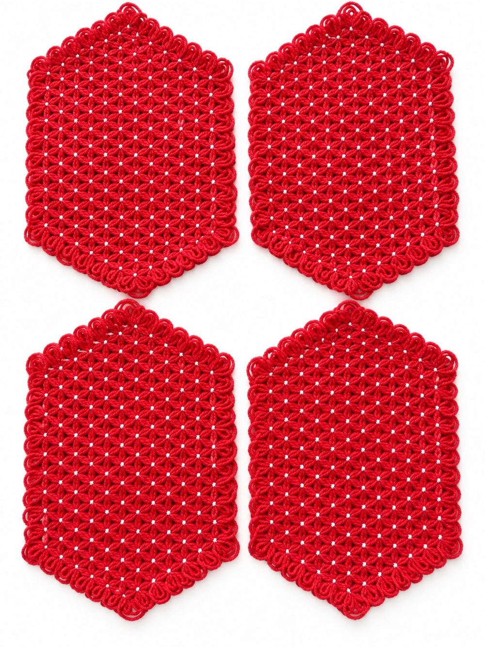 Set of 4 Handmade Red Crochet Macramé Placemats White Accent Vintage